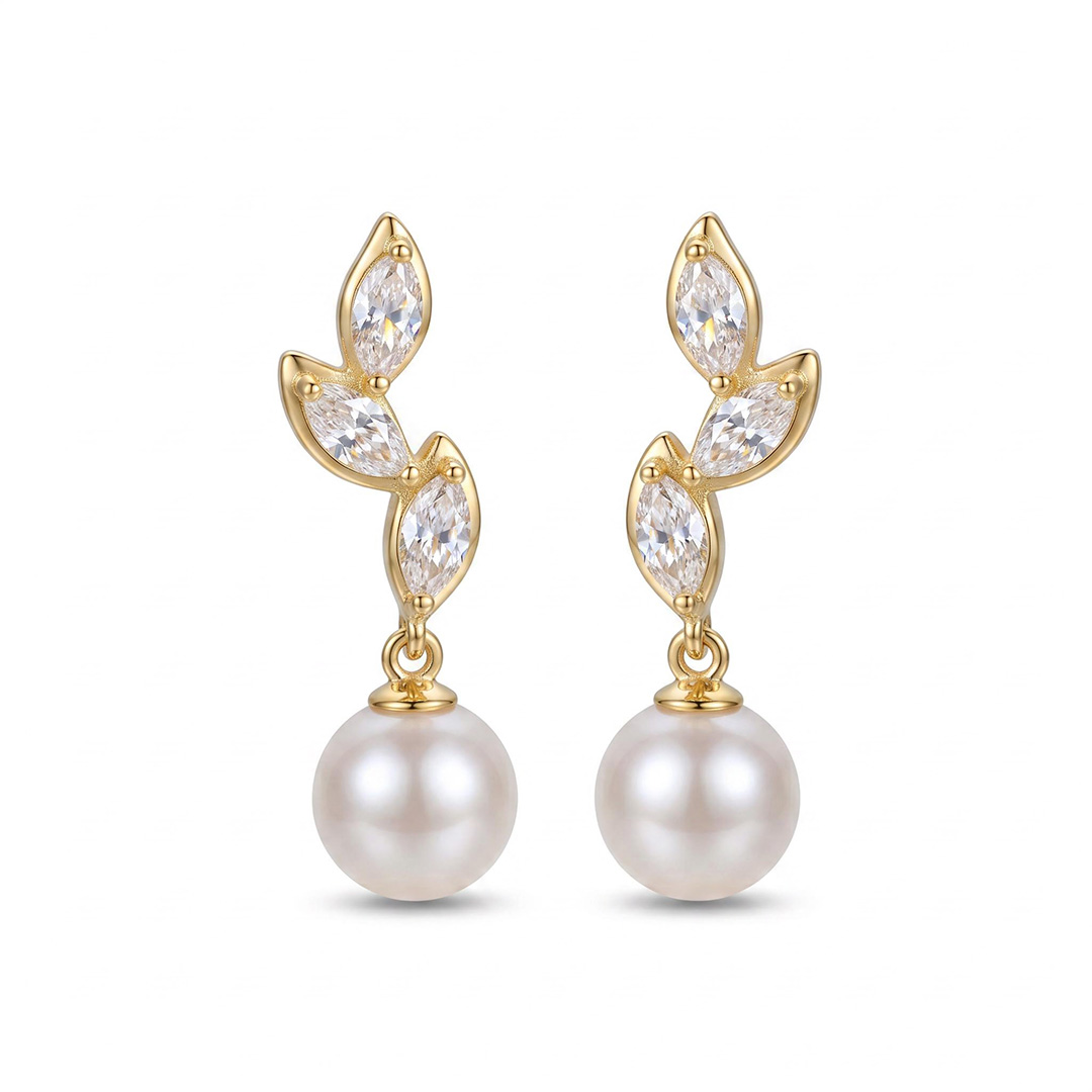 Diamond Leaves Pearl Drop Earrings