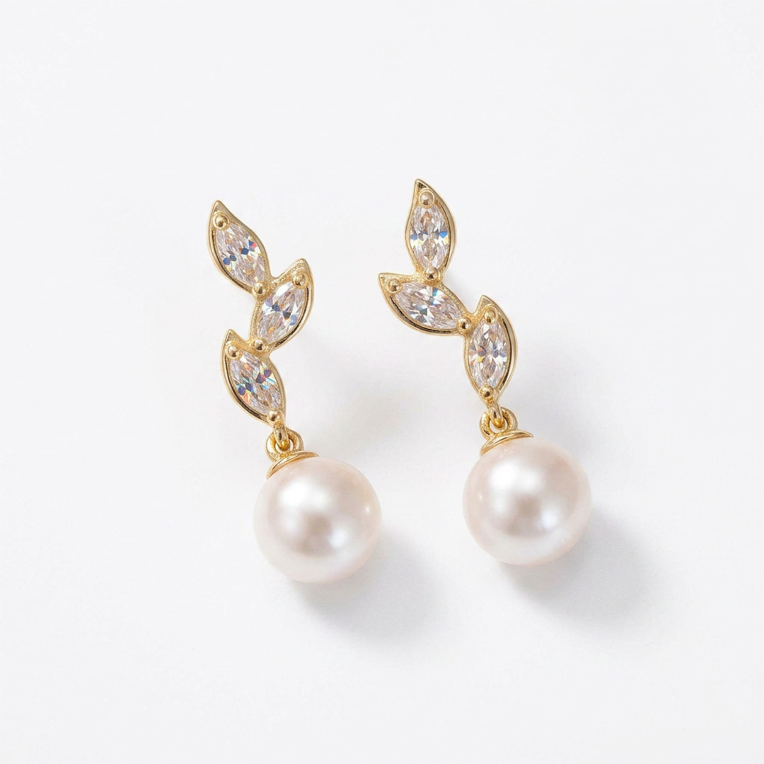 Diamond Leaves Pearl Drop Earrings