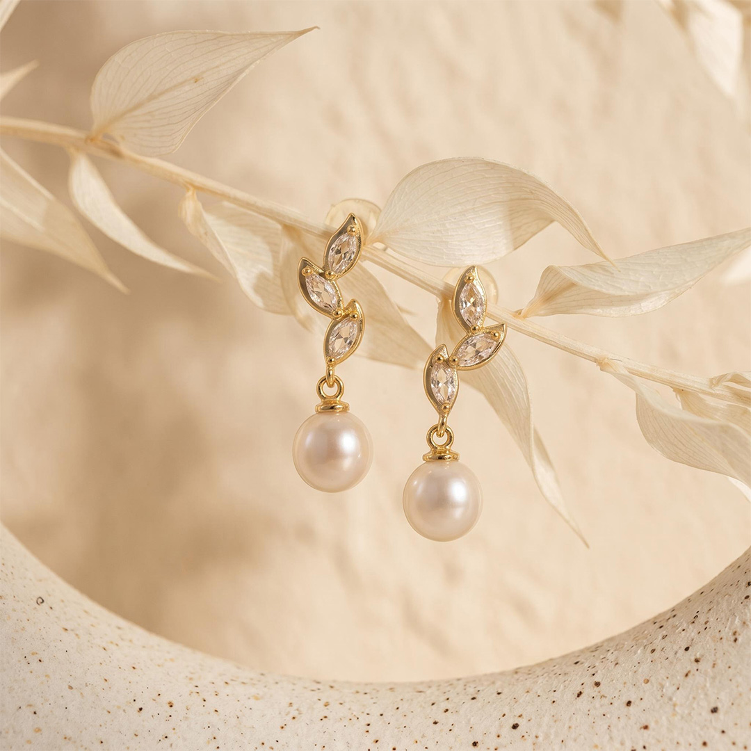 Diamond Leaves Pearl Drop Earrings