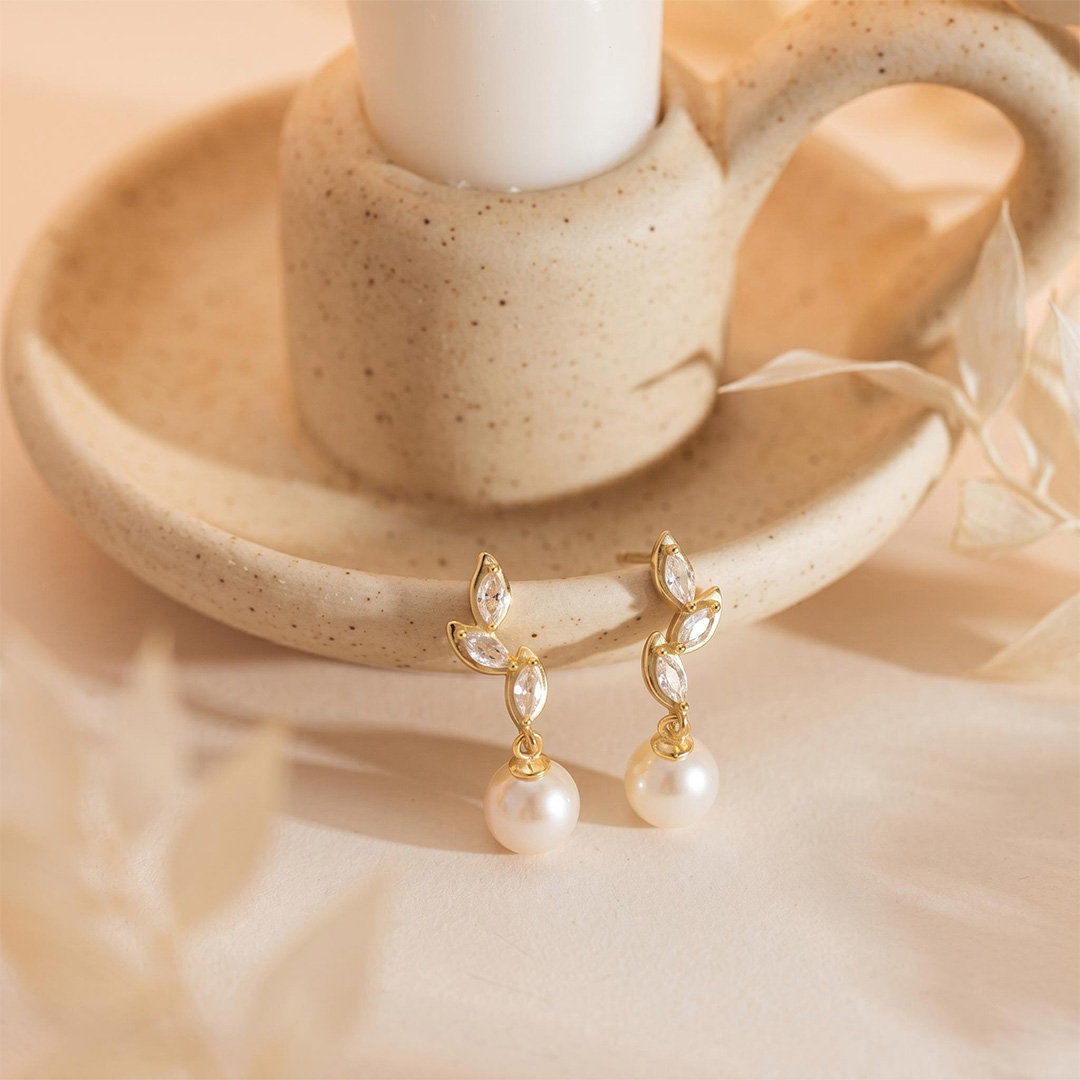 Diamond Leaves Pearl Drop Earrings