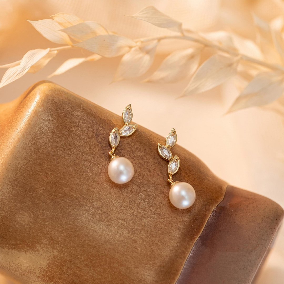 Diamond Leaves Pearl Drop Earrings