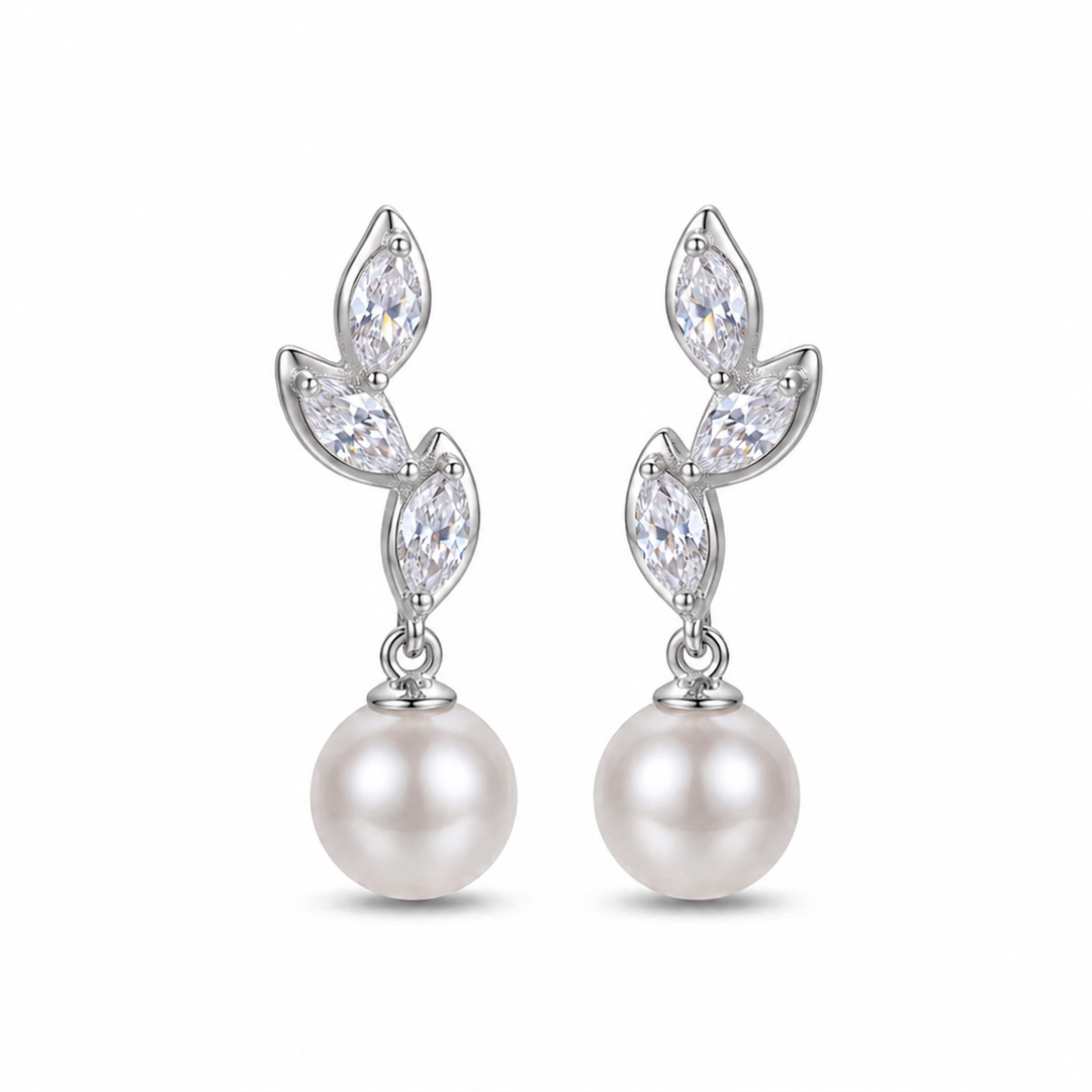 Diamond Leaves Pearl Drop Earrings
