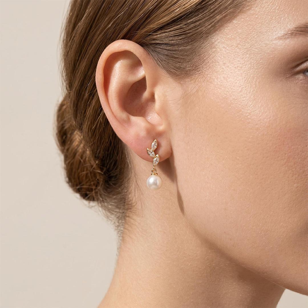 Diamond Leaves Pearl Drop Earrings