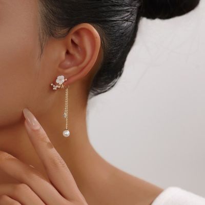 White Flower Pearl Drop Earrings