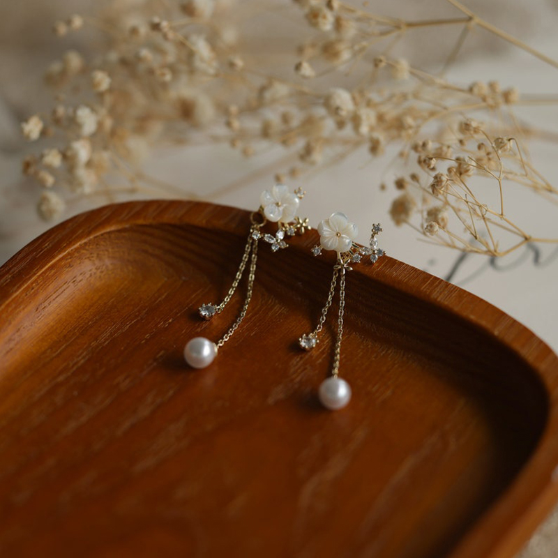 White Flower Pearl Drop Earrings