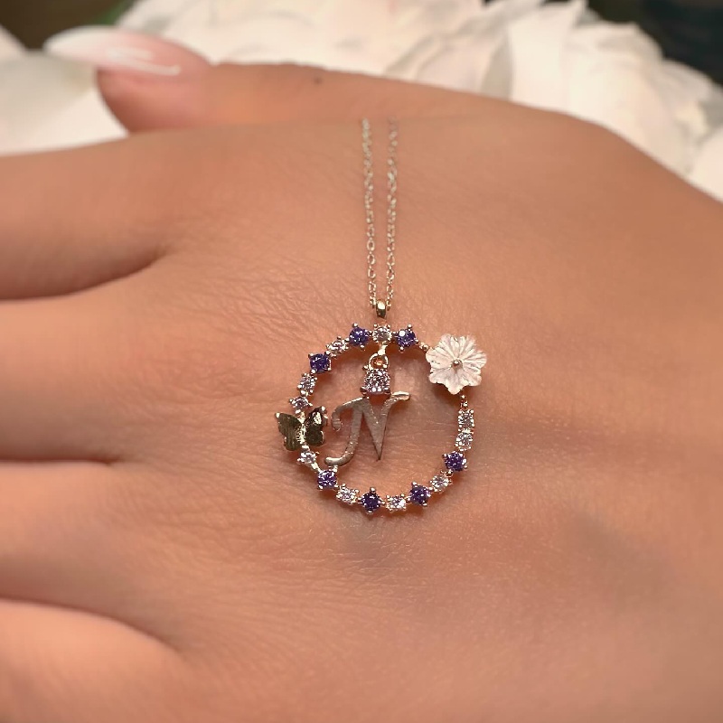 Diamond Magnolia Initial  Necklace