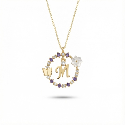 Diamond Magnolia Initial  Necklace