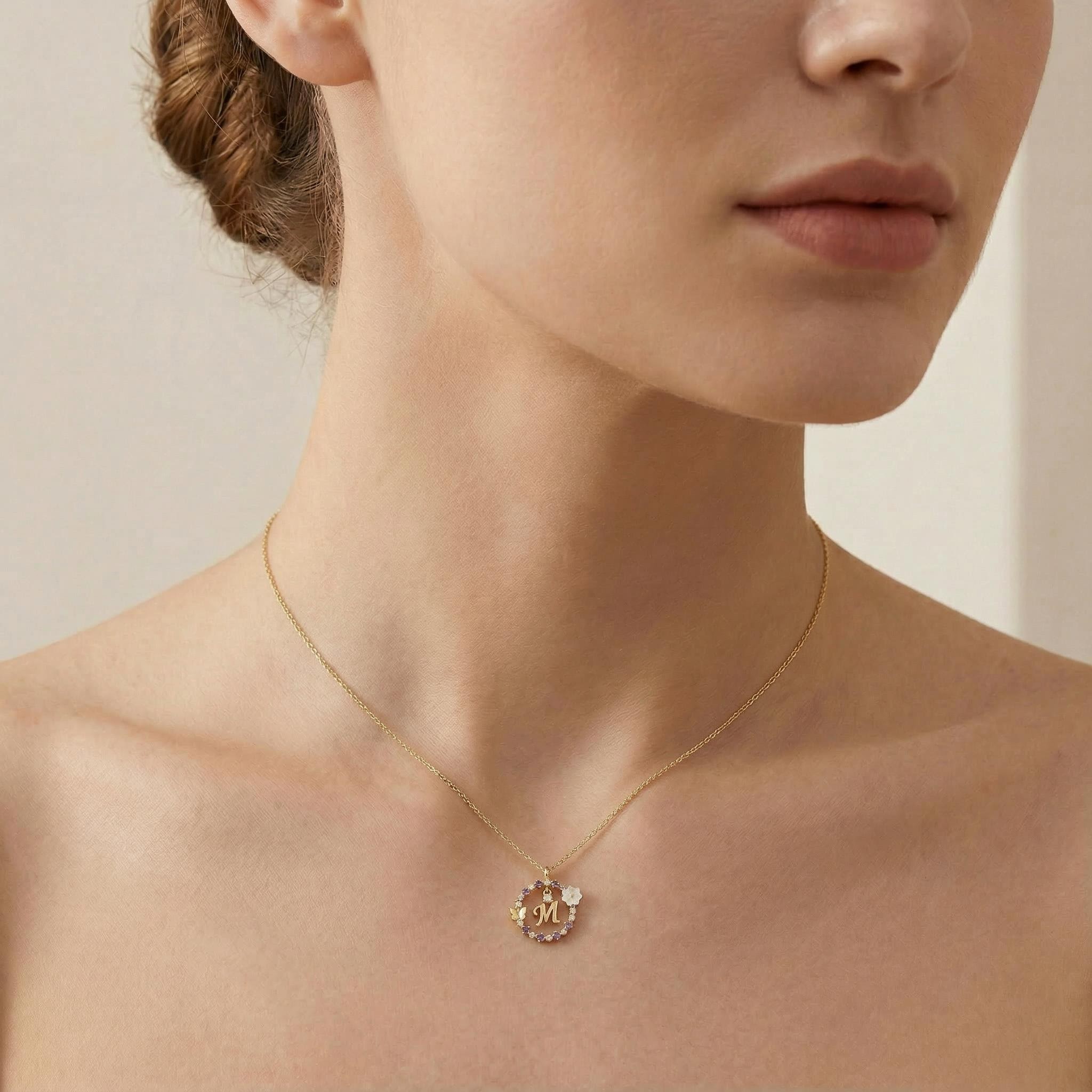 Diamond Magnolia Initial  Necklace