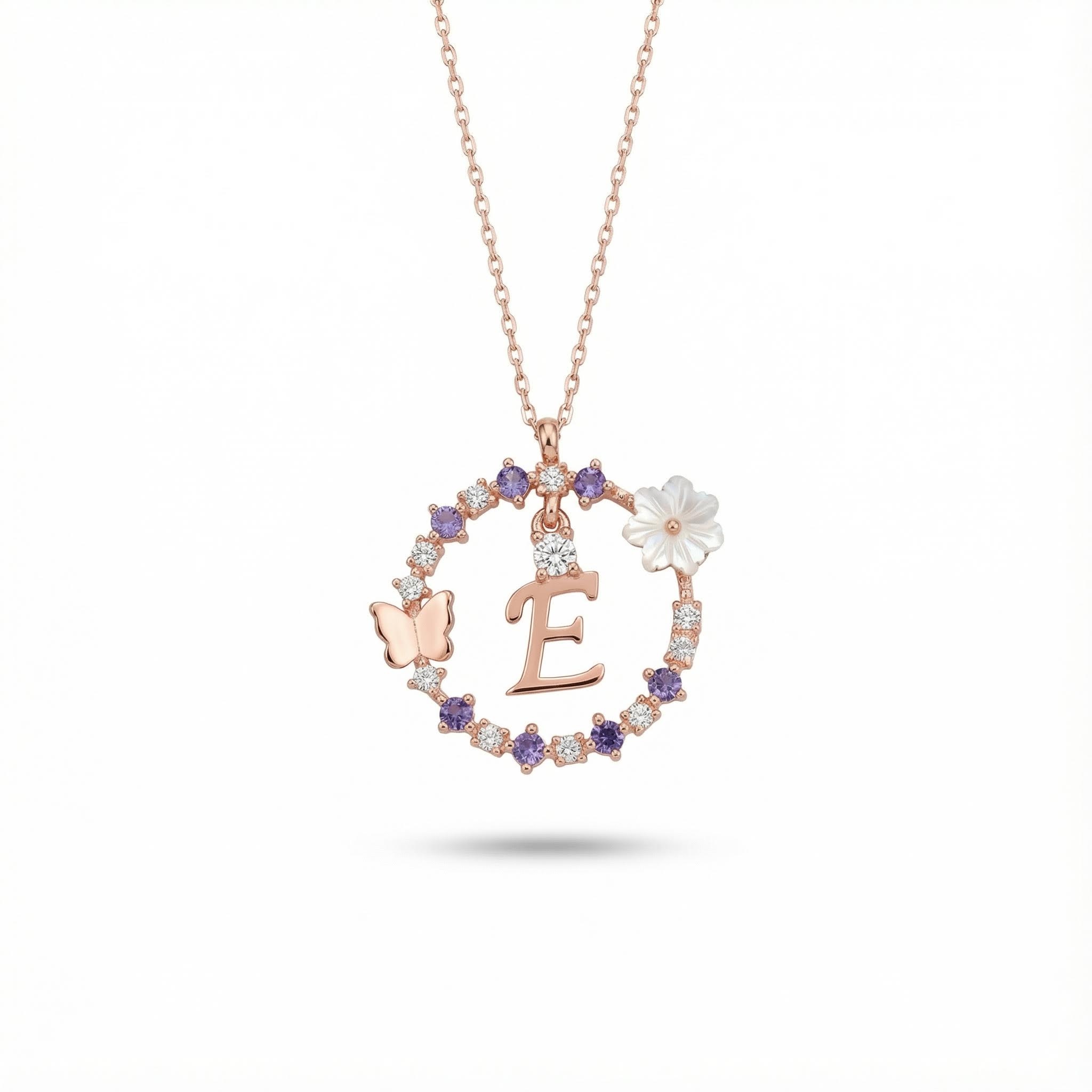 Diamond Magnolia Initial  Necklace
