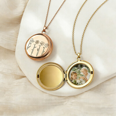 Engraved Birth Flower Locket Pendant