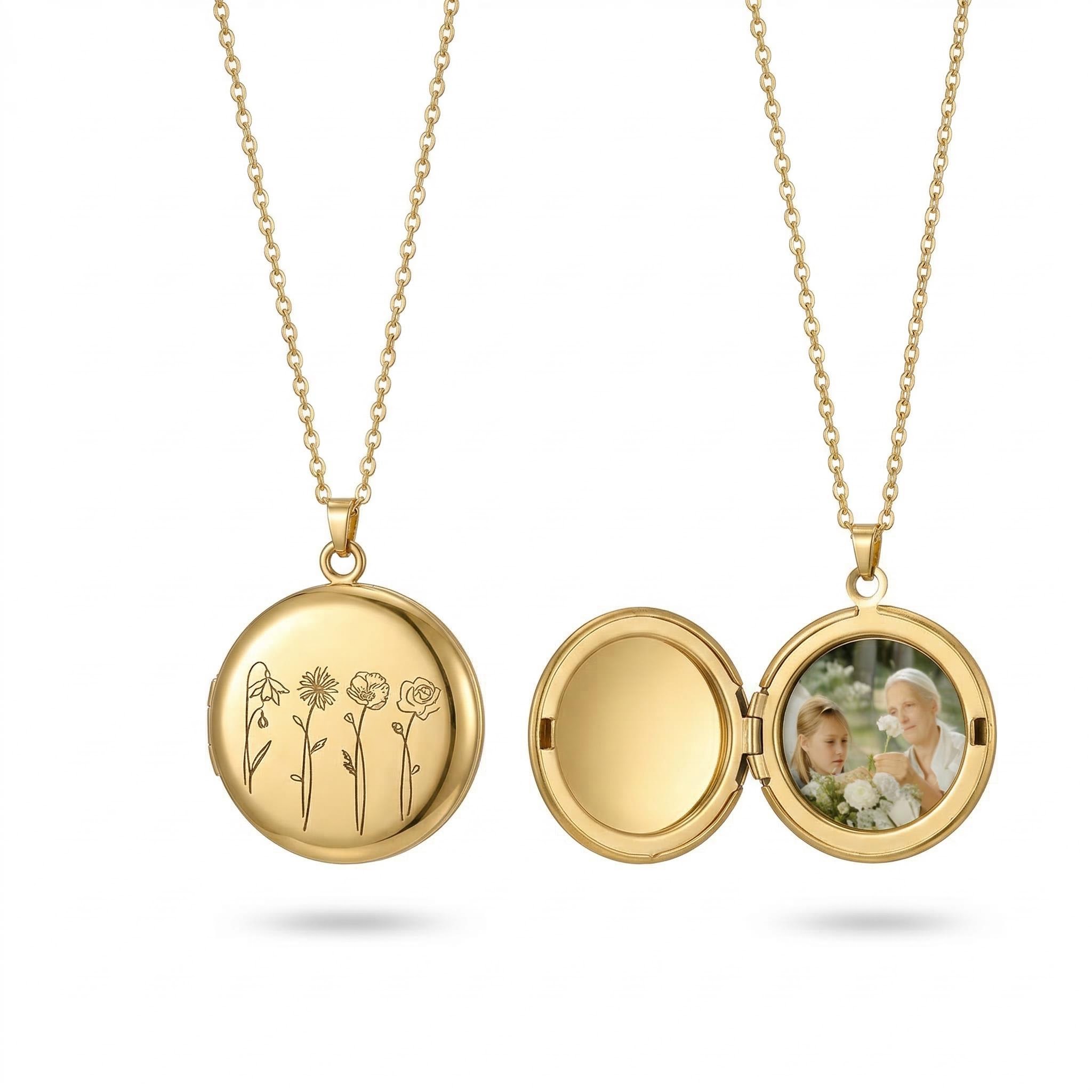 Engraved Birth Flower Locket Pendant