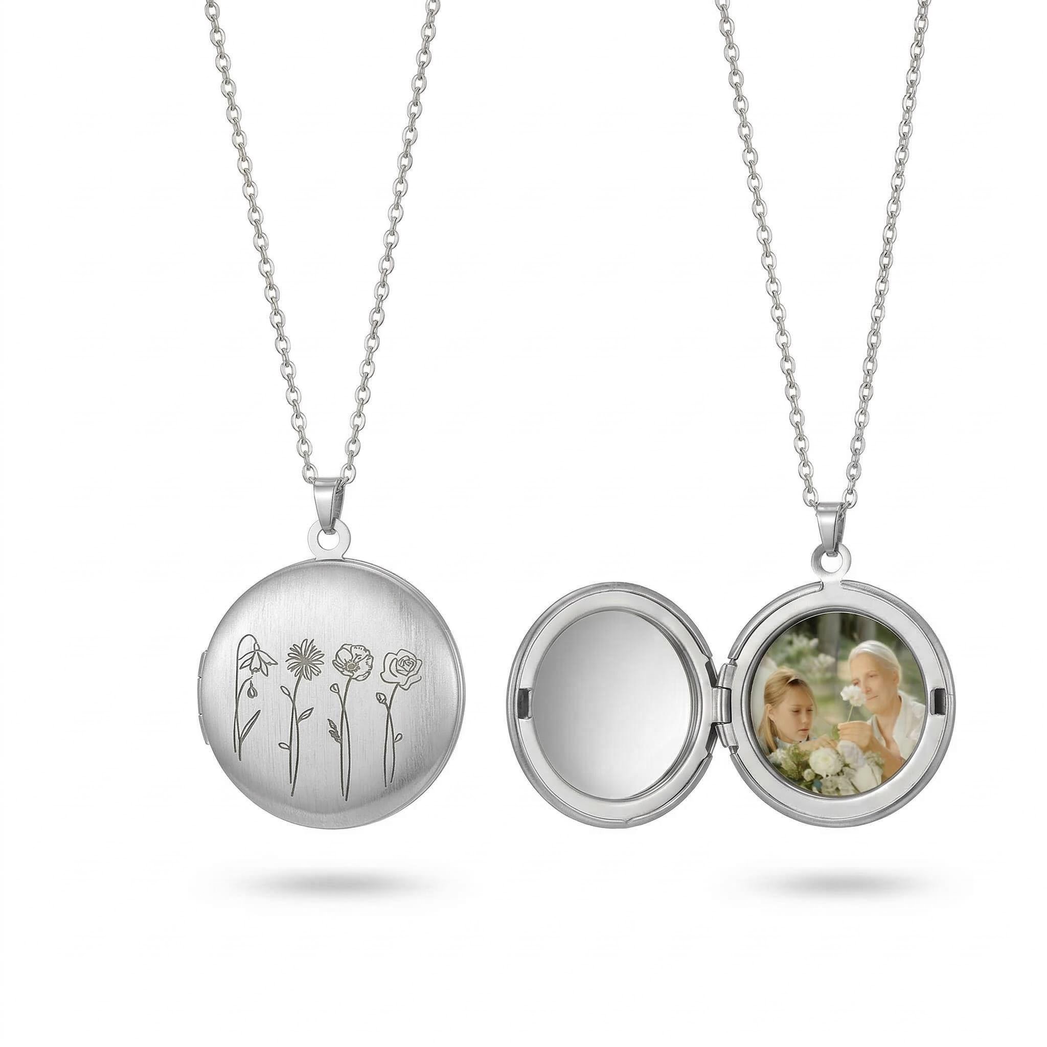 Engraved Birth Flower Locket Pendant
