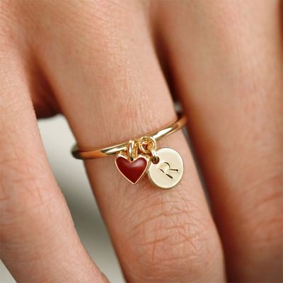 Initial & Heart Charms Ring
