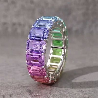 Emerald Cut Rainbow Sapphire Eternity Ring