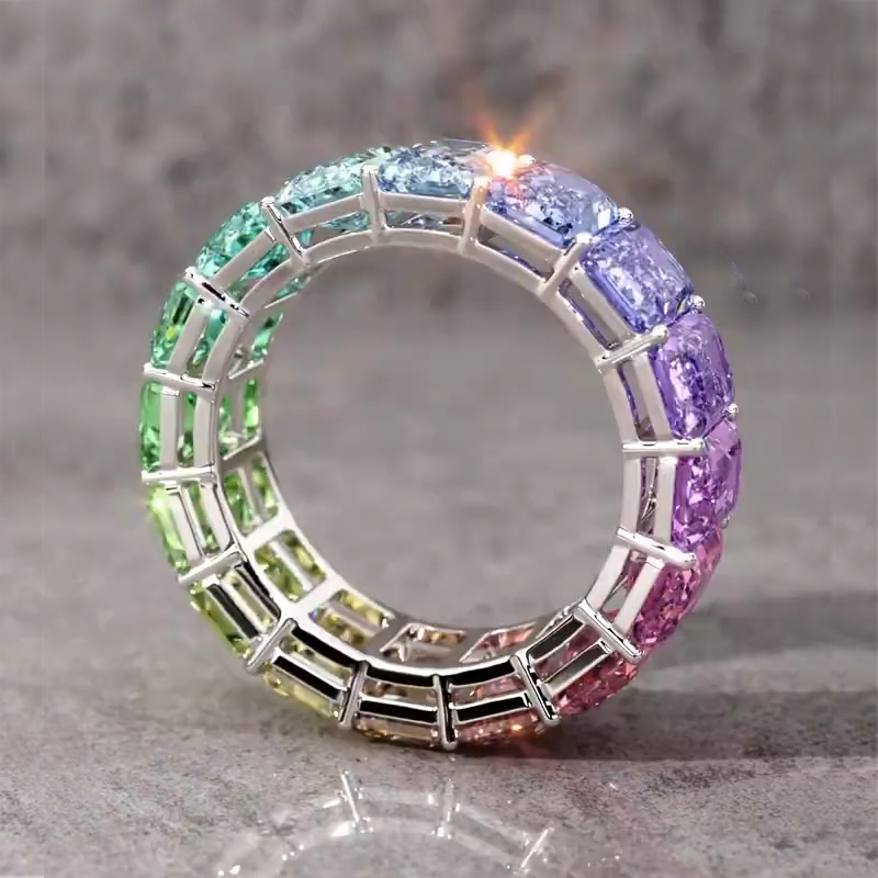 Emerald Cut Rainbow Sapphire Eternity Ring
