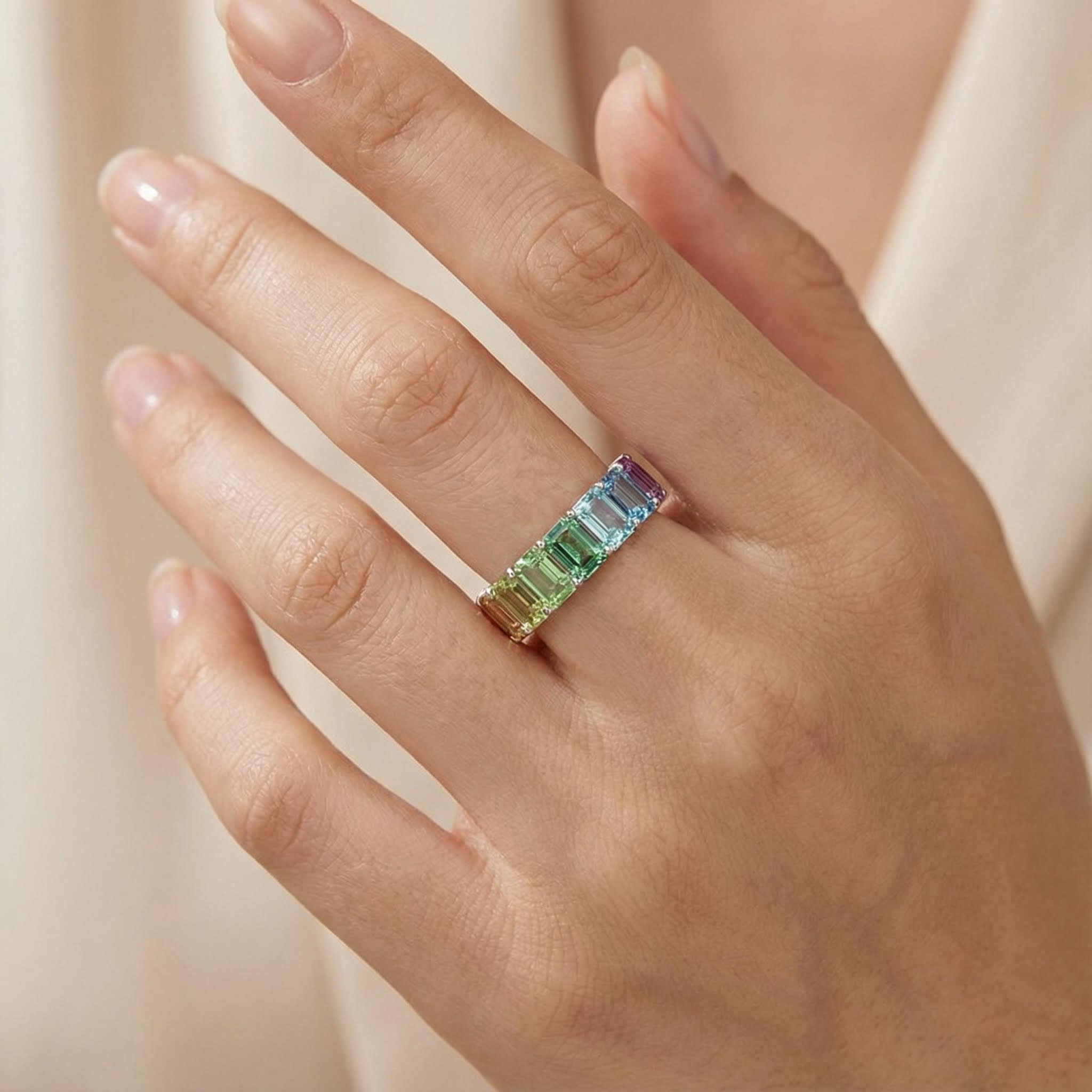 Emerald Cut Rainbow Sapphire Eternity Ring Emerald Cut Rainbow Sapphire Eternity Ring