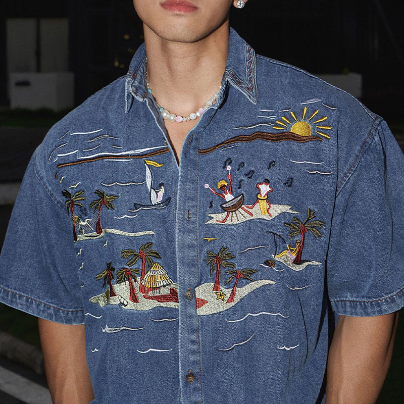 Y2K Embroidered Denim Short Sleeve Shirt