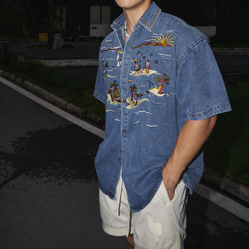 Y2K Embroidered Denim Short Sleeve Shirt