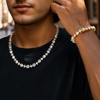 8mm Iced Quadrangular Star Necklace & Bracelet Set in Gold