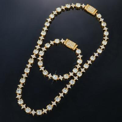 8mm Iced Quadrangular Star Necklace & Bracelet Set in Gold