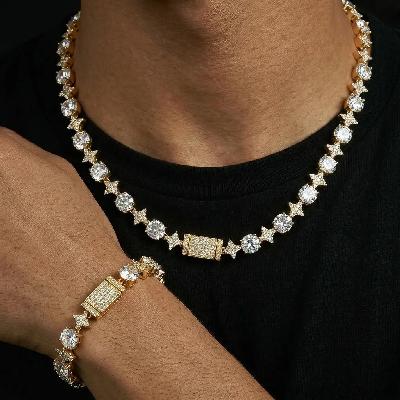 8mm Iced Quadrangular Star Necklace & Bracelet Set in Gold