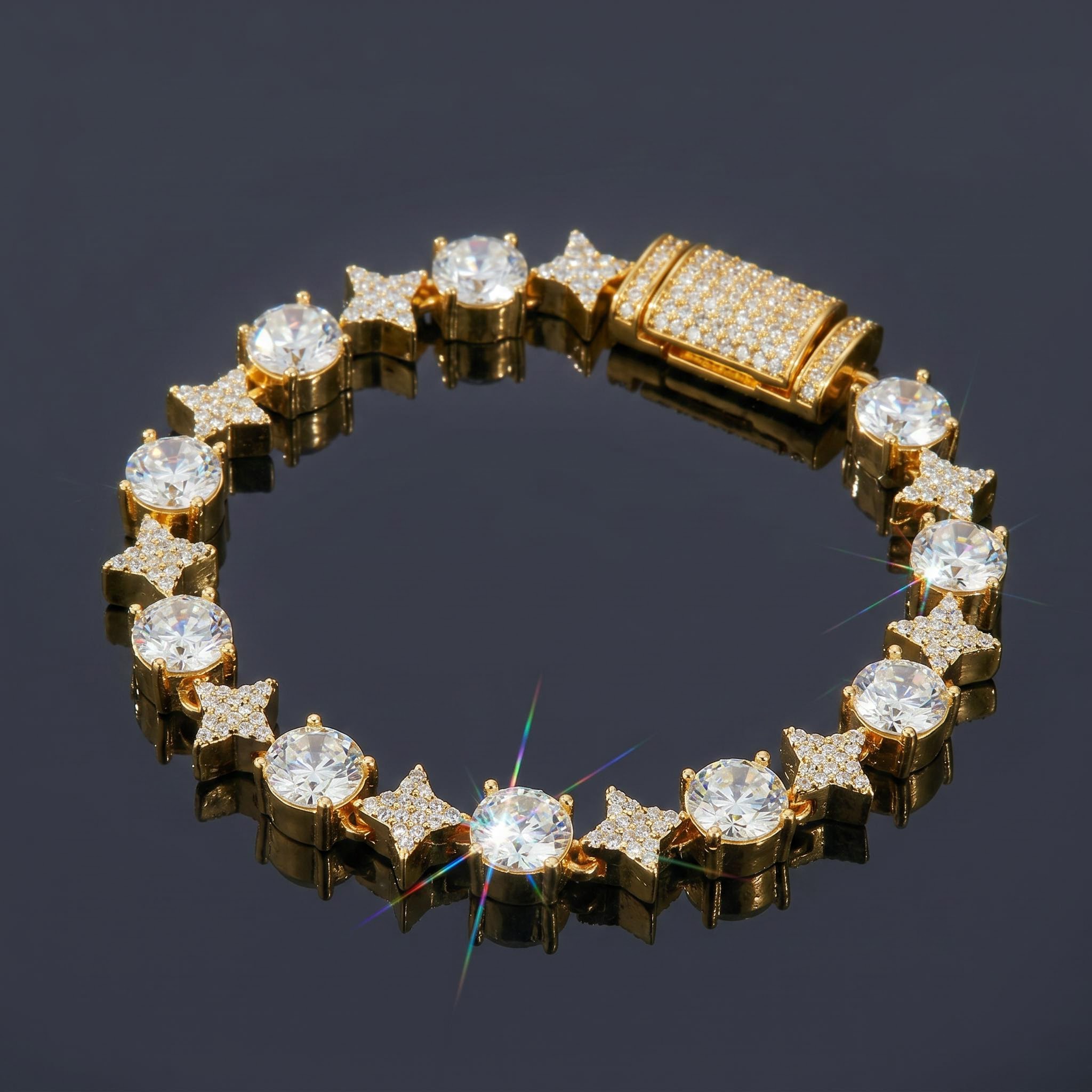 8mm Iced Quadrangular Star Necklace & Bracelet Set in Gold