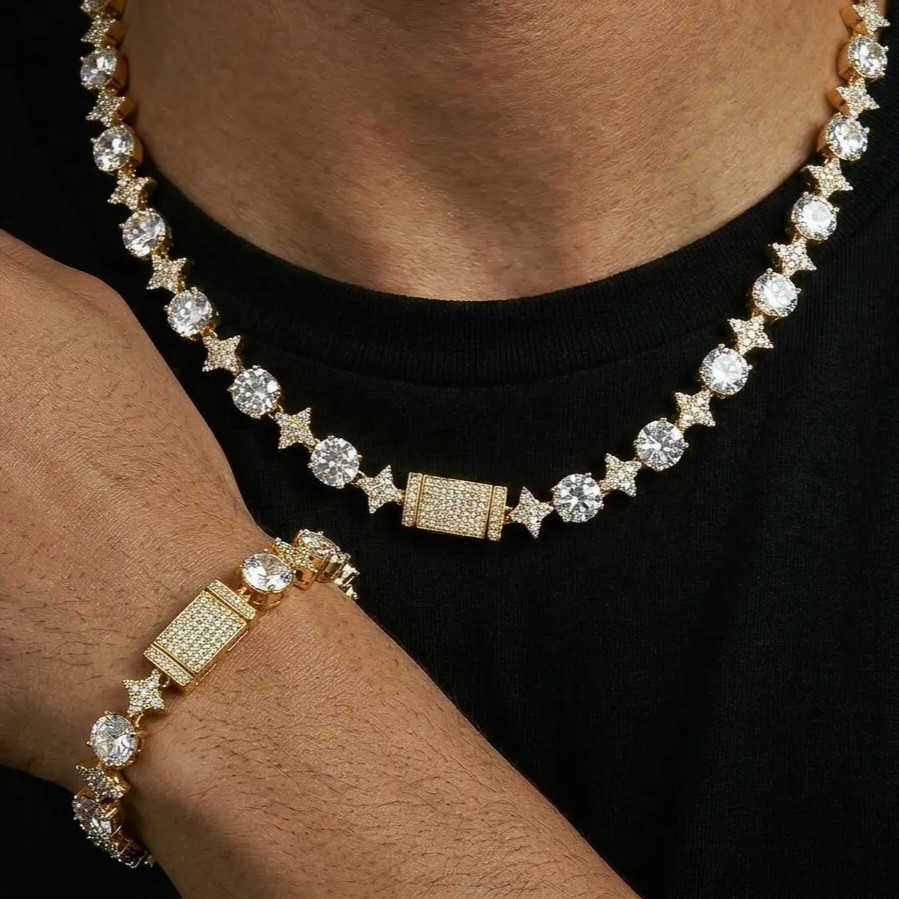 8mm Iced Quadrangular Star Necklace & Bracelet Set in Gold