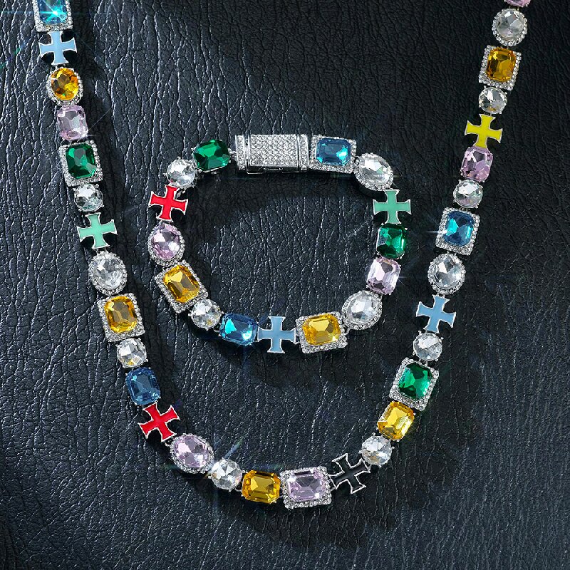 10mm Multicolored Diamonds Enamel Cross Bracelet&Necklace Set in White Gold