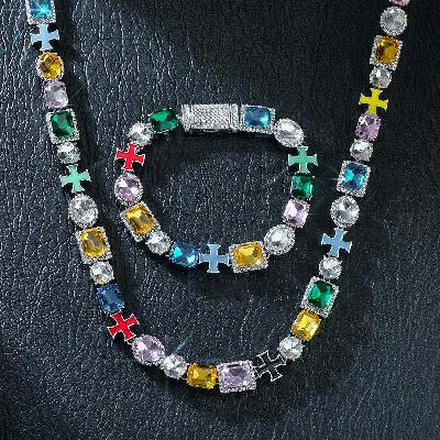 10mm Multicolored Diamonds Enamel Cross Bracelet&Necklace Set in White Gold