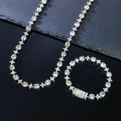 8mm Iced Quadrangular Star Necklace & Bracelet Set in White Gold