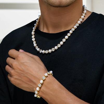 8mm Pearls Tennis Bracelet &Chain Set in Gold