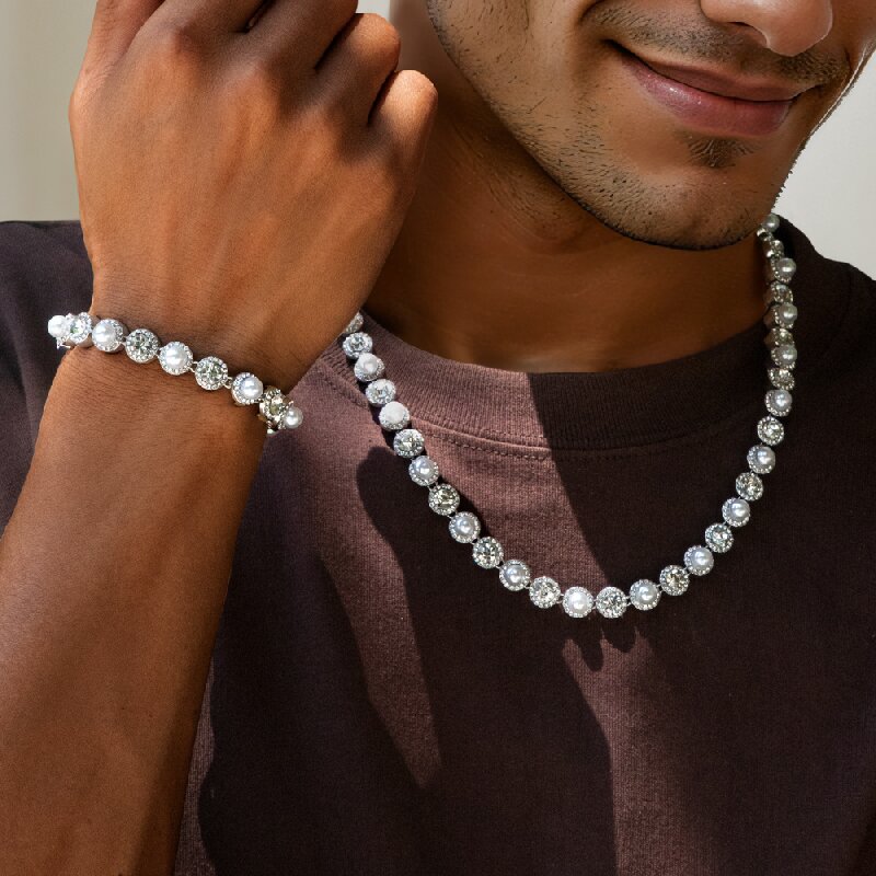 8mm Pearls Tennis Bracelet &Chain Set in White Gold