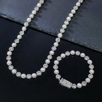 8mm Pearls Tennis Bracelet &Chain Set in White Gold