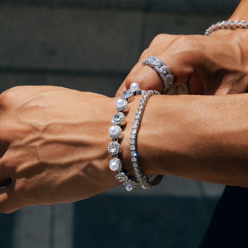 8mm Pearls Tennis Bracelet &Chain Set in White Gold