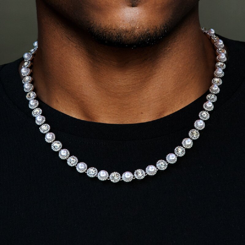 8mm Pearls Tennis Bracelet &Chain Set in White Gold