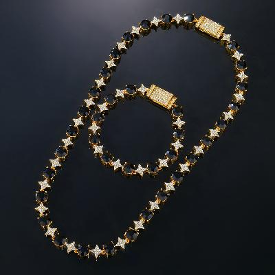 8mm Black Stone Quadrangular Star Necklace & Bracelet Set in Gold