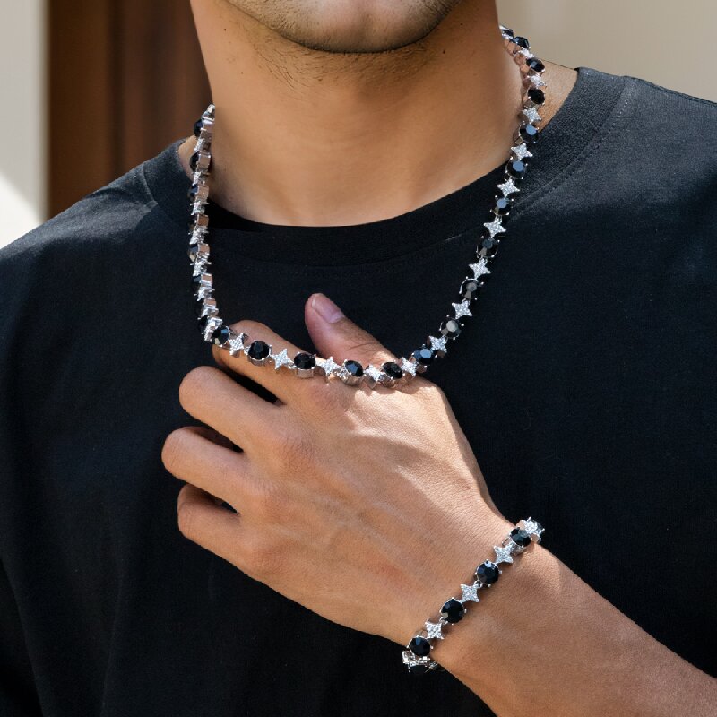 8mm Black Stone Quadrangular Star Necklace & Bracelet Set in White Gold