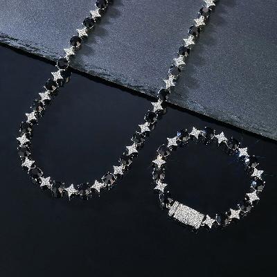 8mm Black Stone Quadrangular Star Necklace & Bracelet Set in White Gold