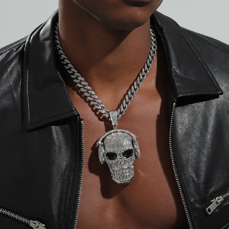 Iced Out Headphone Skull Pendant & 13mm 18inch Cuban Chian Set