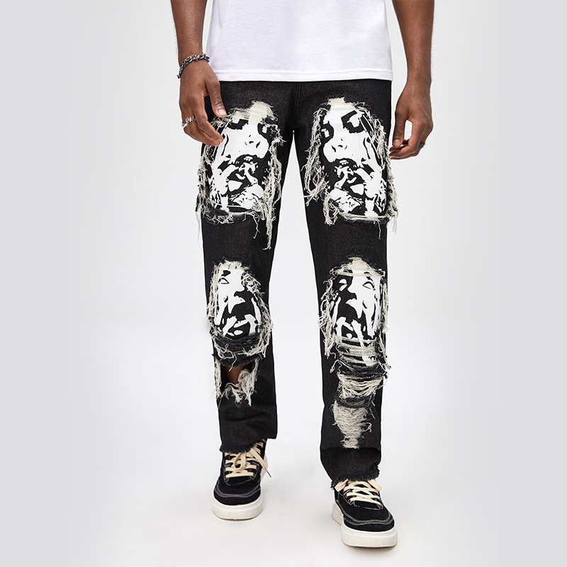 Hip Hop Ripped Skull Print Jeans