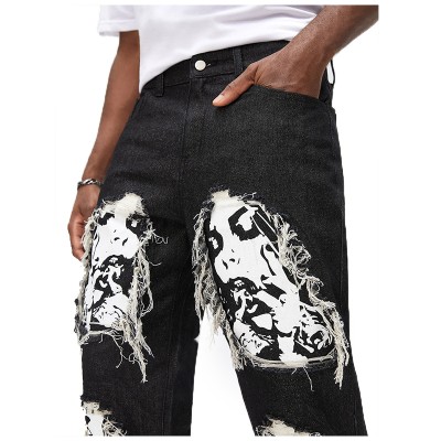 Hip Hop Ripped Skull Print Jeans