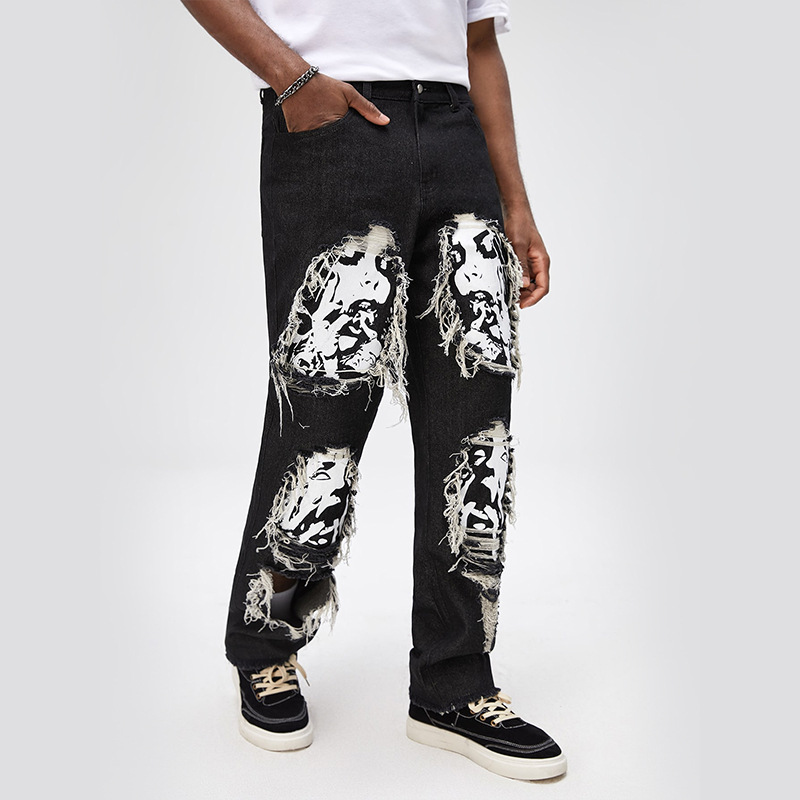 Hip Hop Ripped Skull Print Jeans