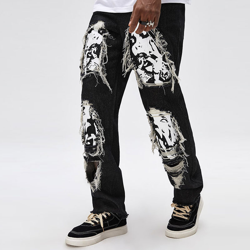 Hip Hop Ripped Skull Print Jeans