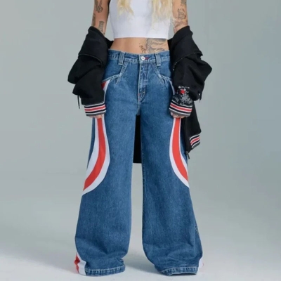 Y2K Hip Hop Spliced Colorblocked Wide Leg Jeans