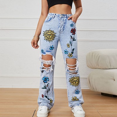 Hip-Hop Ripped Cut-Out Printed Jeans