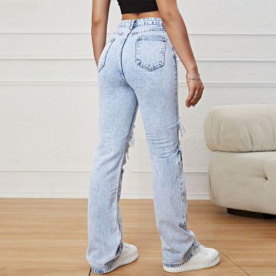 Hip-Hop Ripped Cut-Out Printed Jeans