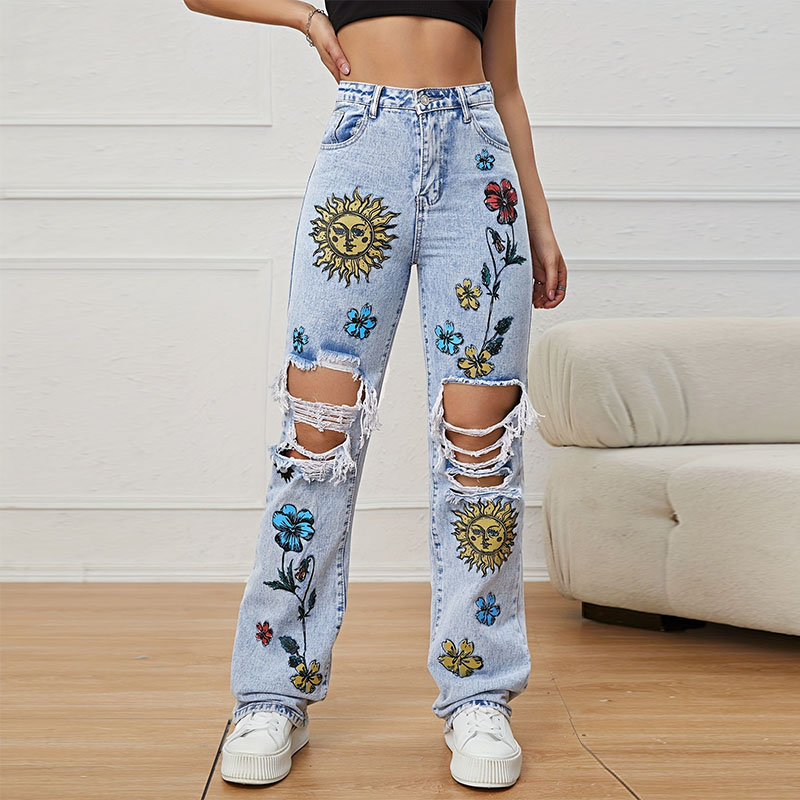Hip-Hop Ripped Cut-Out Printed Jeans