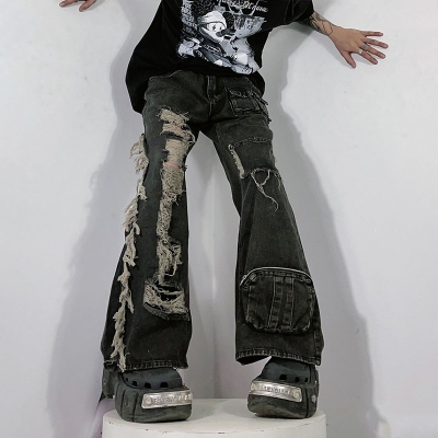 Hip Hop Scrap Style Multi Pocket Micro Jeans