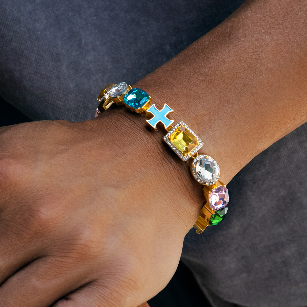 10mm Multicolored Diamonds Enamel Cross Bracelet in Gold