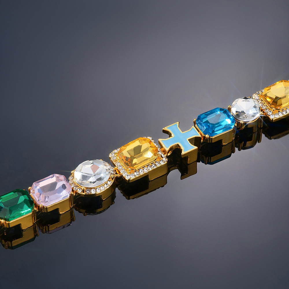 10mm Multicolored Diamonds Enamel Cross Bracelet in Gold